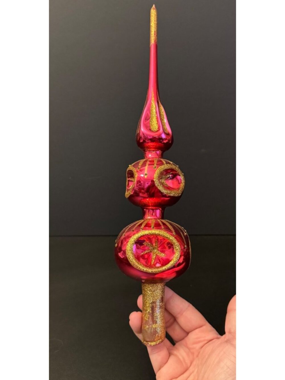 VTG Pink & Gold Glass Christmas Tree Topper Glitter Accents Double Indent Ball - Picture 4 of 16